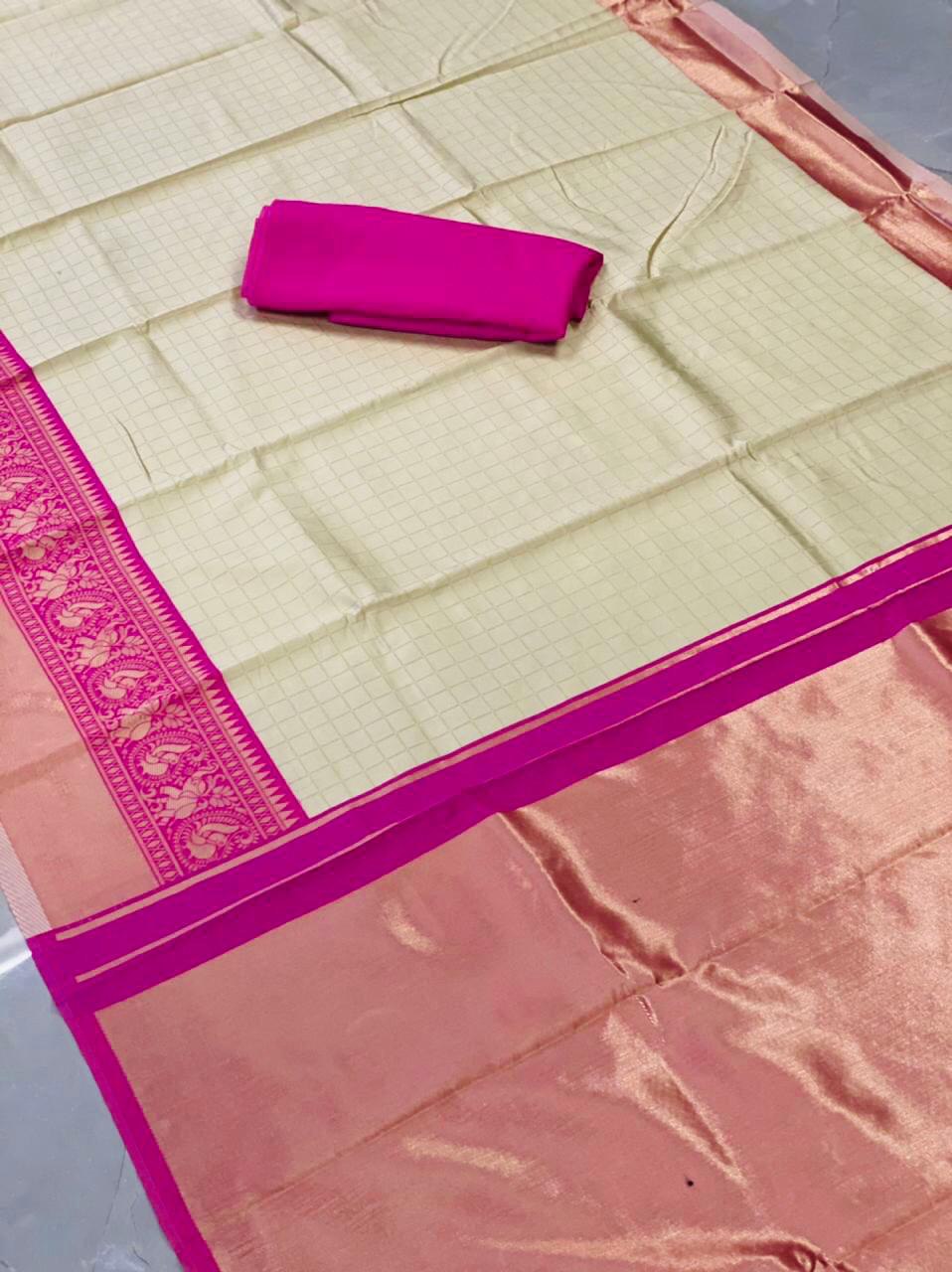 Luxurious Cream Chex Zari Woven Soft Silk Banarasi Saree, Elevating Your Traditional Attire