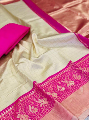 Cream Color Chex Zari Weaving Soft Silk Banarasi Saree by Vootbuy