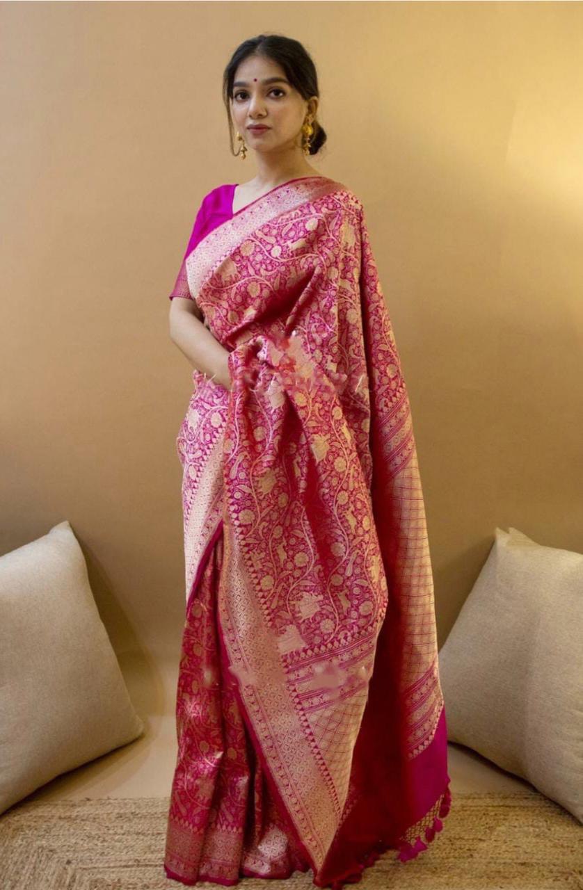 pink zari weaving soft lichi silk saree with jacquard work