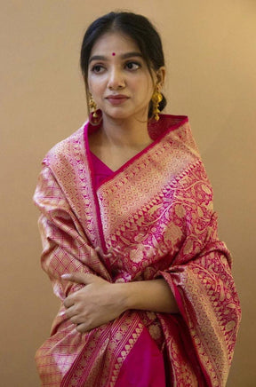 Pink Color Zari Weaving Soft Lichi Silk Saree with Jacquard Work - Vootbuy