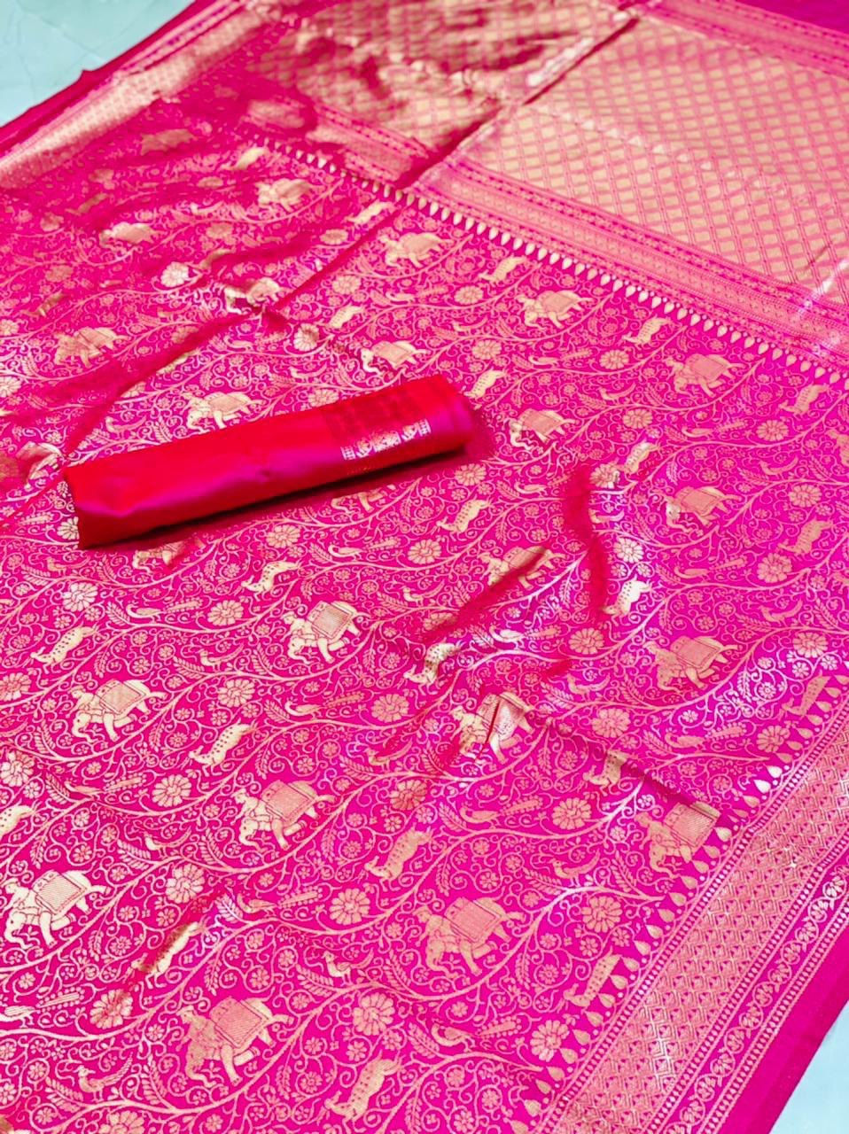 Pink Color Zari Weaving Soft Lichi Silk Saree with Jacquard Work - Vootbuy
