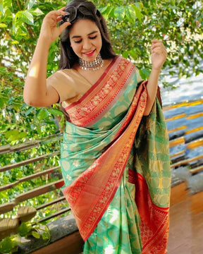 green soft jacquard saree with golden zari border