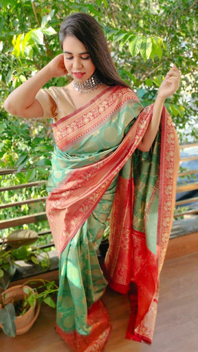 Designer Green Color Soft Silk Jacquard Saree with Golden Zari Border