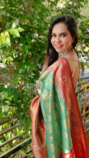 Designer Green Color Soft Silk Jacquard Saree with Golden Zari Border