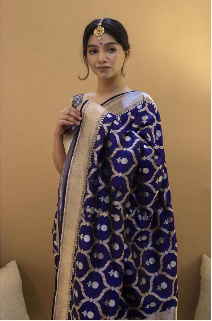 Dark Blue Color Floral Zari Weaving Soft Silk Saree for Women | Vootbuy
