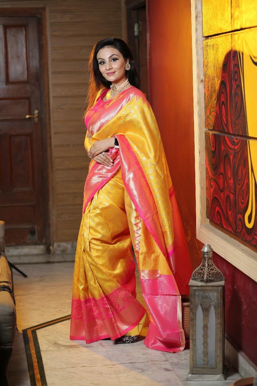 Women's Jacquard Printed Yellow Banarasi Soft Lichi Silk Saree - Vootbuy
