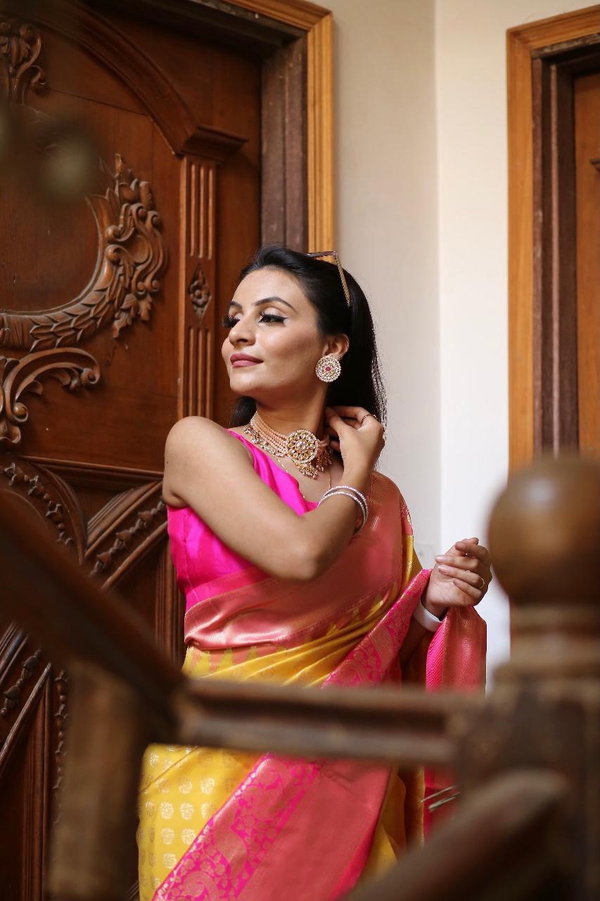 Traditional Yellow Banarasi Soft Lichi Silk Saree - Jacquard Printed Design