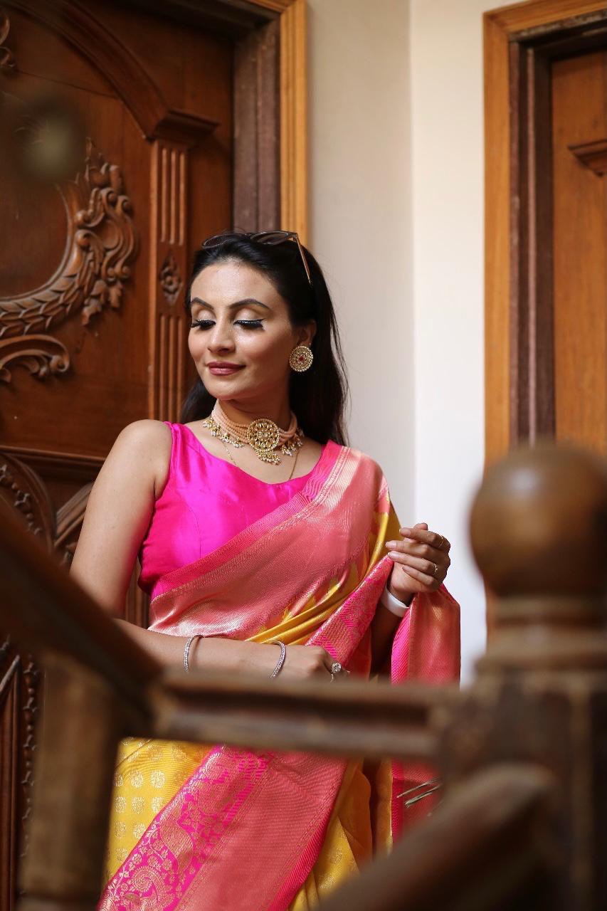 Elegant Yellow Banarasi Soft Lichi Silk Saree with Jacquard Print