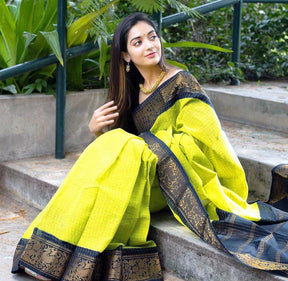 yellow and black chex printed solid jacquard soft silk saree