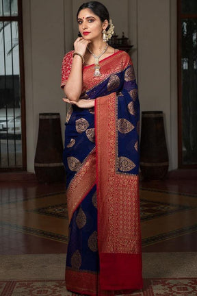 Blue Color Kanchipuram Soft Silk Saree with Golden Zari Weaving - Vootbuy