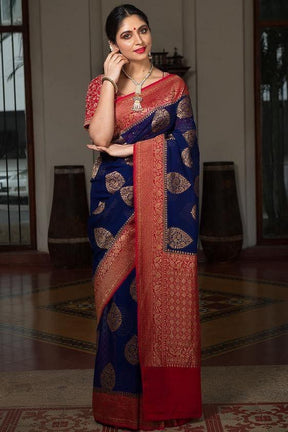 Blue Color Kanchipuram Soft Silk Saree with Golden Zari Weaving - Vootbuy