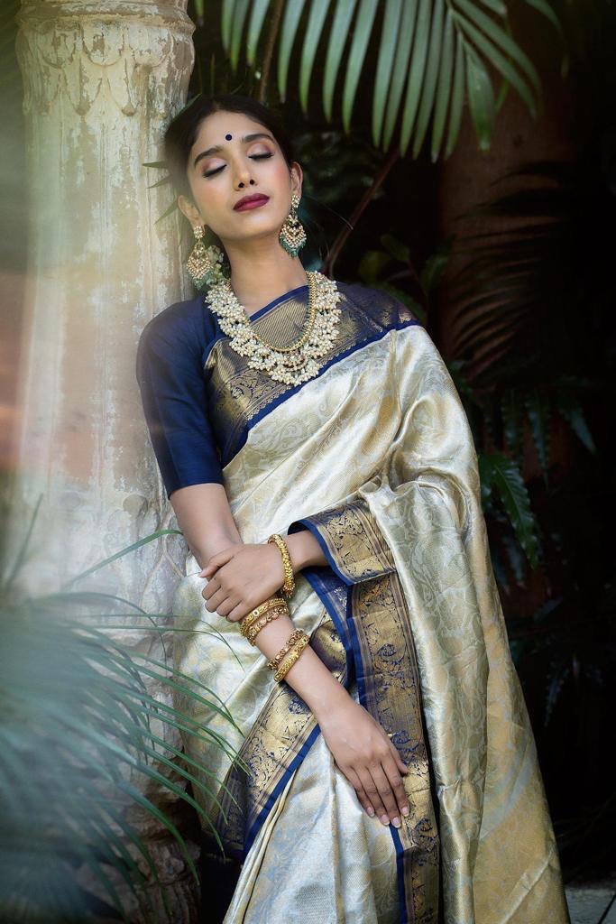 White Banarasi Soft Silk Saree with Jacquard Border