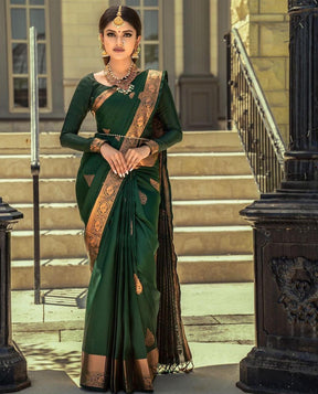 Dark Green Woven Design Kanjivaram Pure Silk Saree with Attractive Border