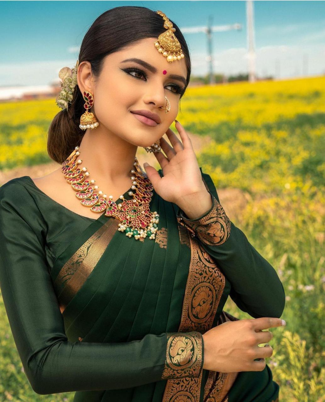 Opulent Green Soft Silk Banarasi Saree, Featuring Intricate Meena Embellishments