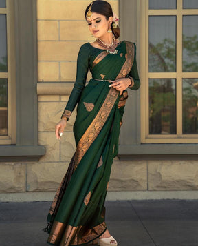 Radiant Green Soft Silk Banarasi Saree, Enhanced with Delicate Meena Artistry