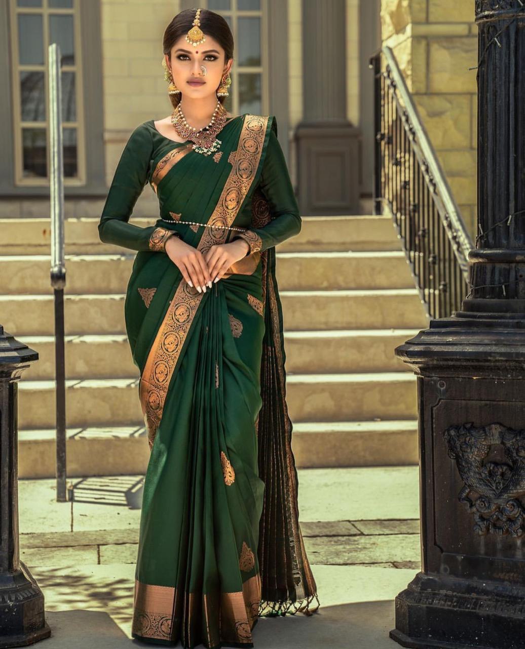 Women's Floral Woven Design Banarasi Soft Silk Saree with Meena Work