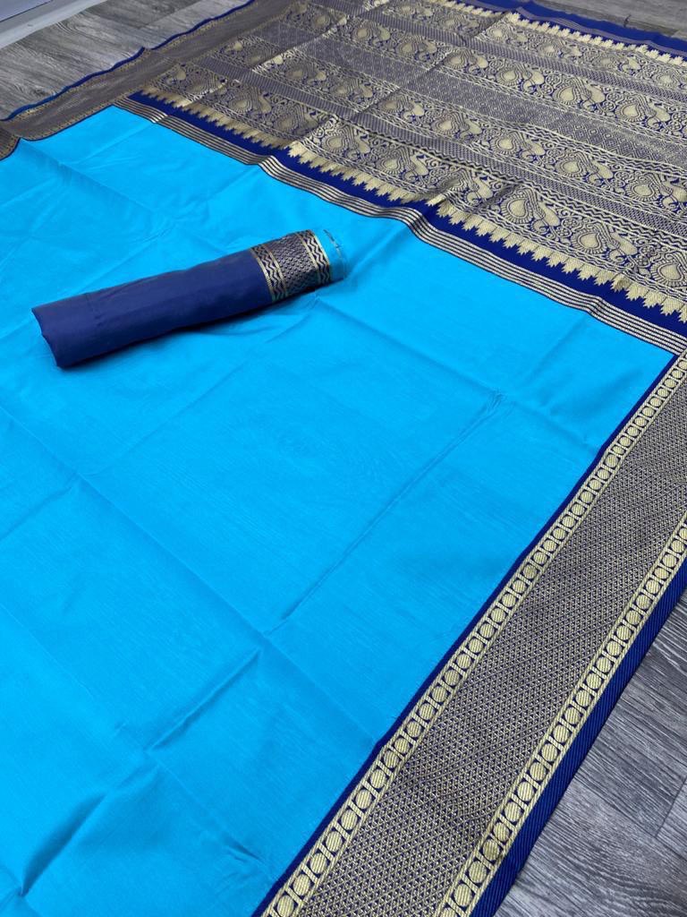 Blue Color Jacquard Printed Soft Lichi Silk Saree for Women | Vootbuy