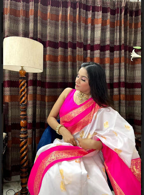 White & Pink Color Festive Wear Zari Weaving Kanjivaram Jacquard Saree