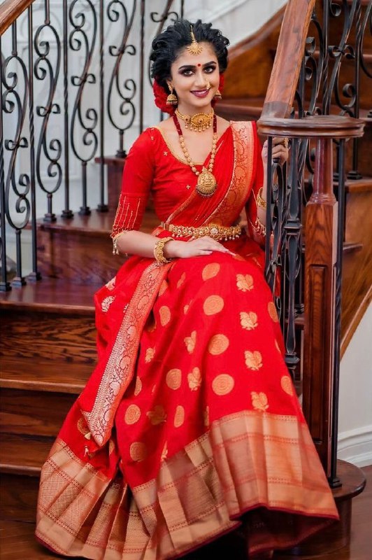 red kanjivaram soft silk saree with golden work