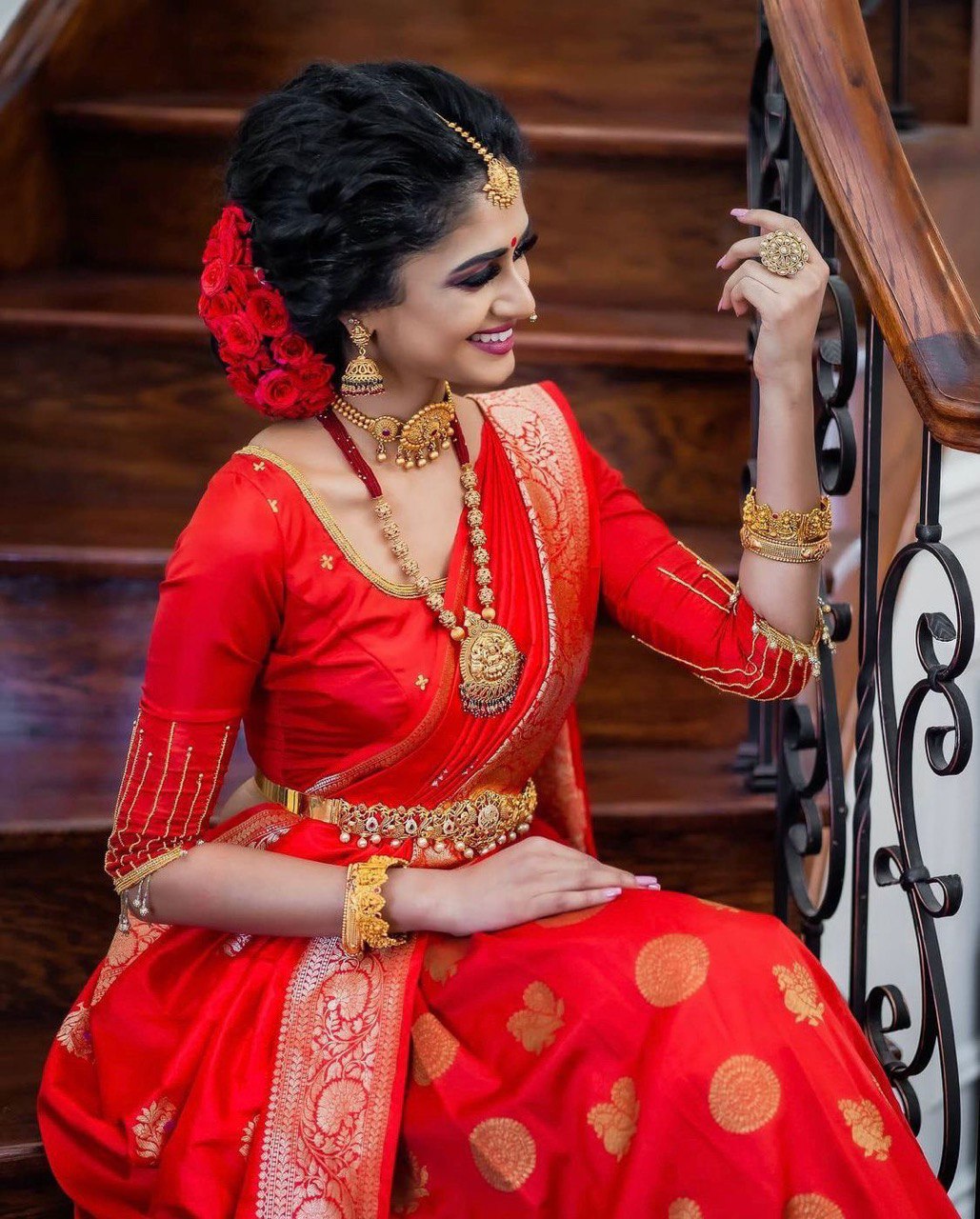 golden work red soft silk saree for wedding