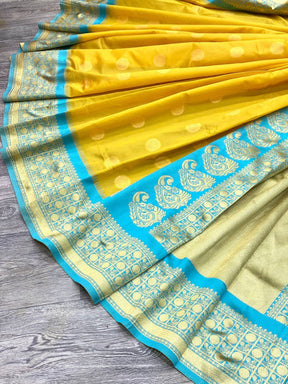 Haldi Special Kanchipuram Soft Silk Saree with Golden Zari Weaving Work