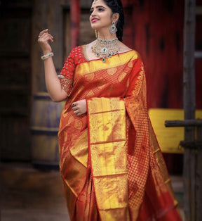 Red Color Zari Woven Kanchipuram Soft Silk Banarasi Saree - Vootbuy