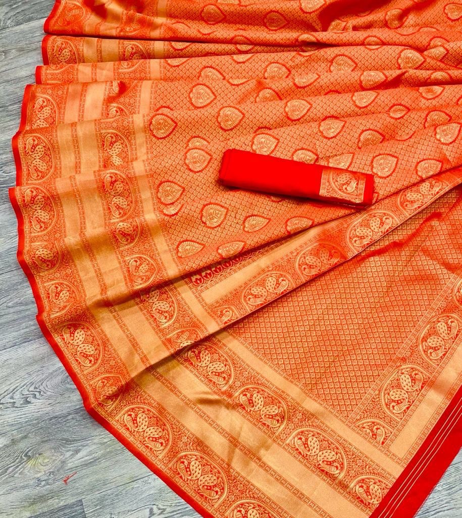 Red Color Zari Woven Kanchipuram Soft Silk Banarasi Saree - Vootbuy