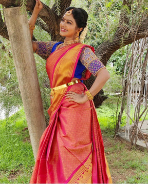 Women's Pink Color Zari Weaving Kanchipuram Soft Silk Banarasi Saree