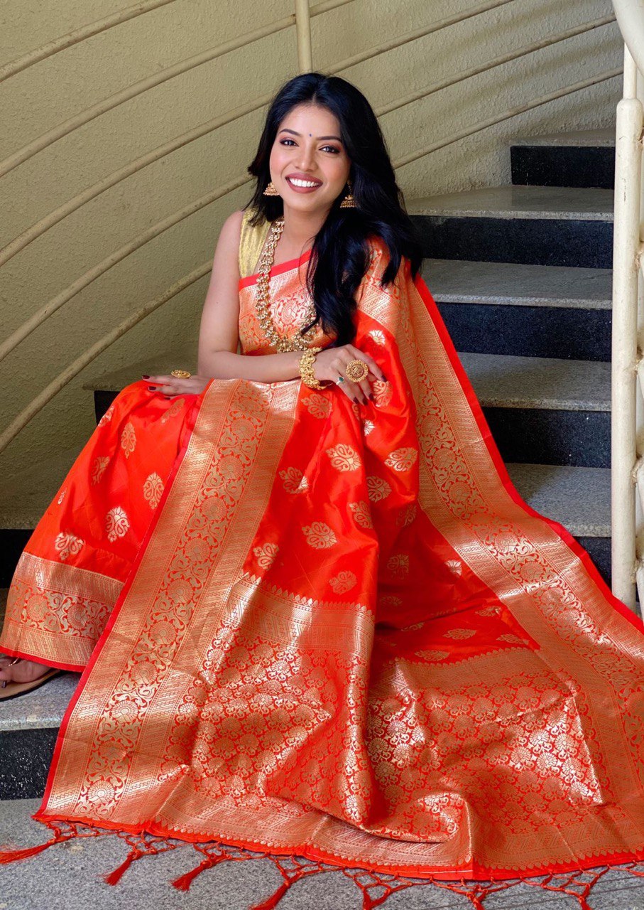 orange pure soft silk with zari weaving saree for wedding