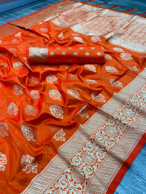 Orange Pure Soft Silk Women's Zari Weaving Saree for Wedding - Vootbuy