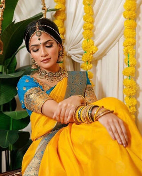Luxurious Yellow Banarasi Soft Silk Saree with Zari Weaving