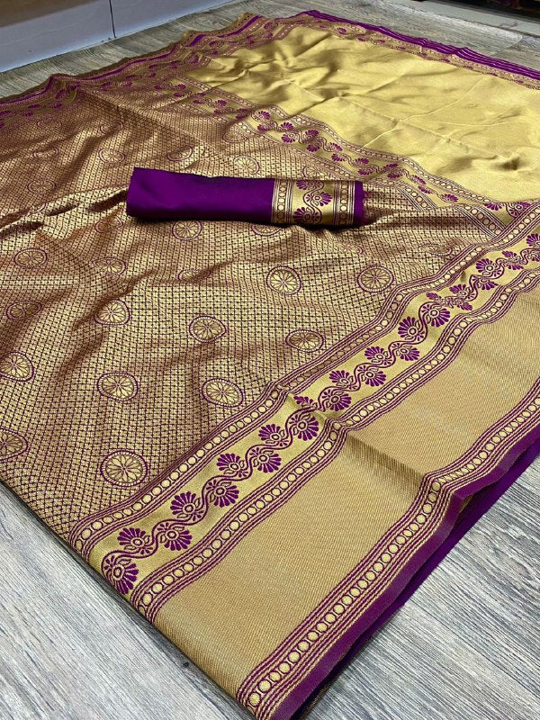 Eggplant Floral Banarasi Soft Silk Saree
