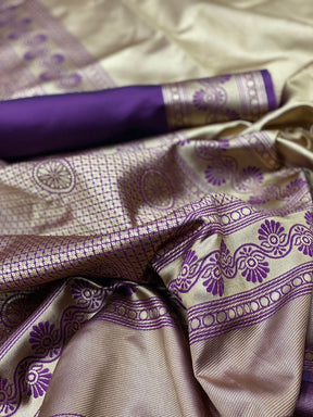 Purple Color Woven Design Banarasi Soft Silk Saree by Vootbuy