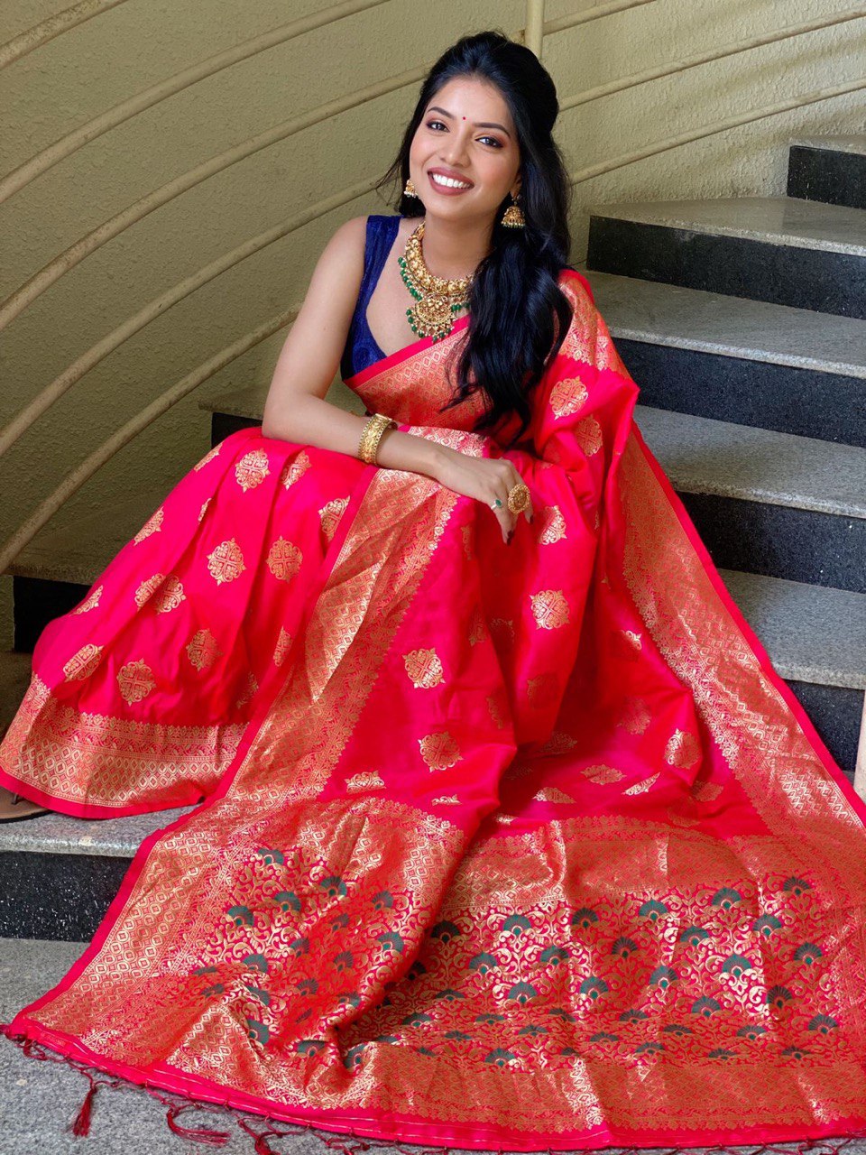Vermilion Red Banarasi Soft Silk Saree with Stunning Golden Zari Weaving