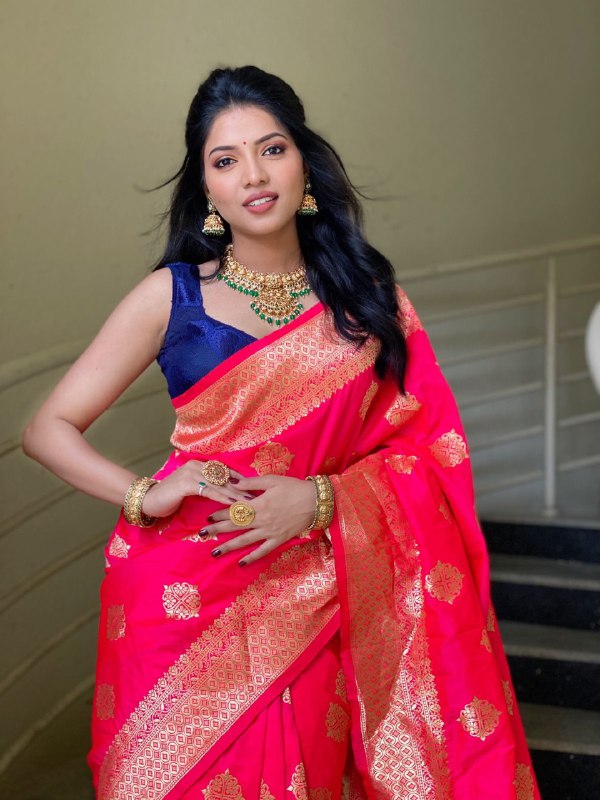 Ruby Red Banarasi Soft Silk Saree Adorned with Golden Zari Weaving