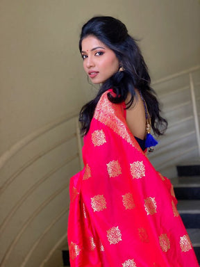 Crimson Red Banarasi Soft Silk Saree Featuring Exquisite Golden Zari Weaving