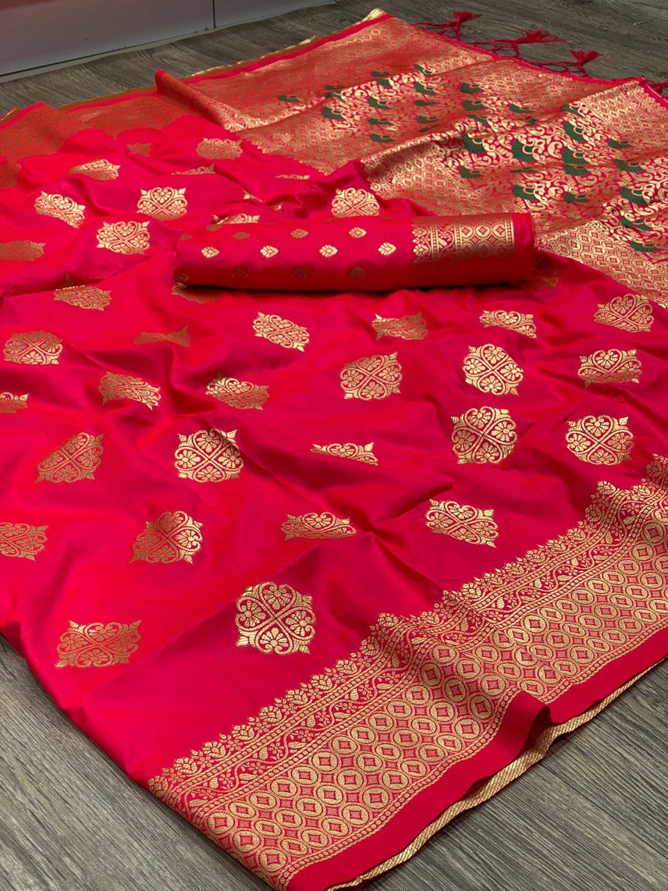 Wine Red Banarasi Soft Silk Saree Embellished with Elegant Golden Zari Weaving