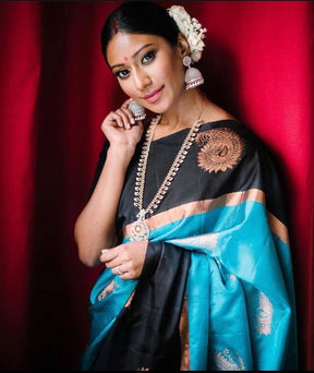 Black & Blue Zari Woven Banarasi Soft Silk Saree for Party Wear - Vootbuy