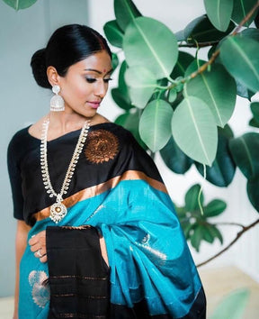 Black & Blue Zari Woven Banarasi Soft Silk Saree for Party Wear - Vootbuy
