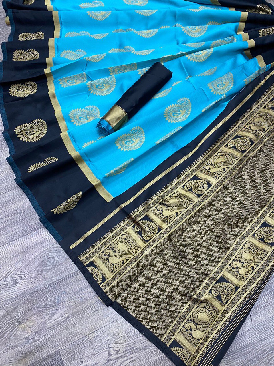 Chic Black and Blue Zari Woven Banarasi Soft Silk Saree perfect for Formal Events