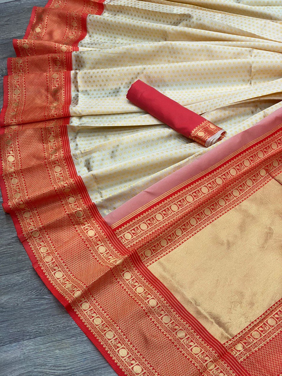 Cream & Red Color Latest Design Traditional Soft Silk Saree by Vootbuy