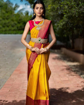 Elegant Yellow Banarasi Soft Silk Saree with Woven Design