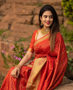 Jacquard Pattern Banarasi Soft Silk Cotton Saree in Red | Vootbuy