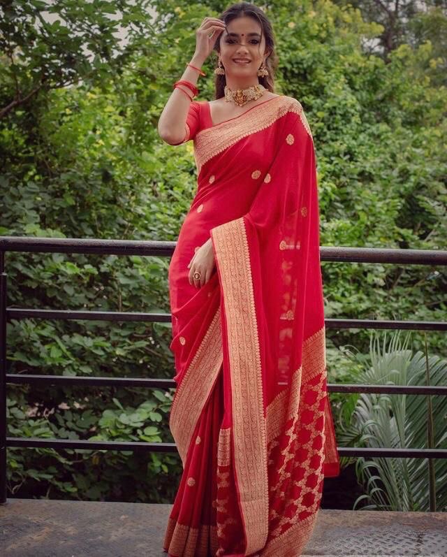 red kanjivaram jacquard silk saree with blouse