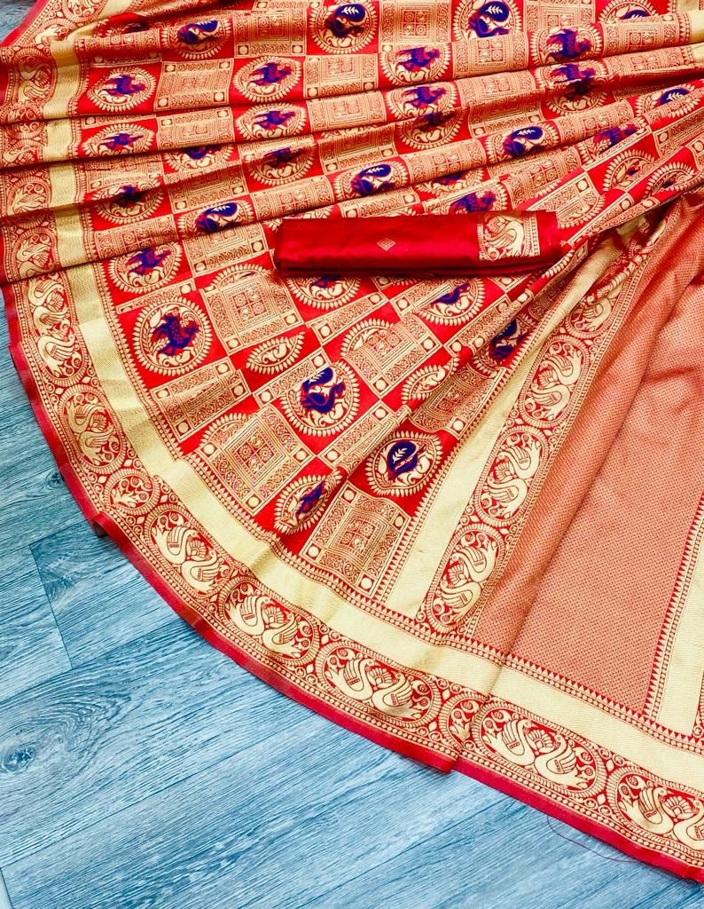 Wine Red Traditional Zari Woven Soft Silk Banarasi Saree