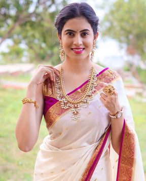 Golden Zari Weaving Women's Cream Color Soft Silk Kanjivaram Saree