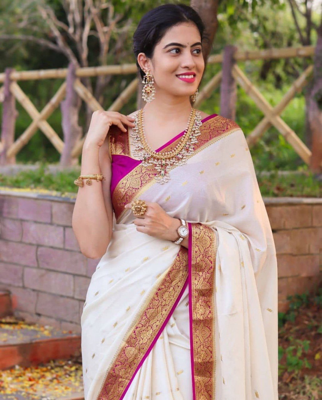 Golden Zari Weaving Women's Cream Color Soft Silk Kanjivaram Saree
