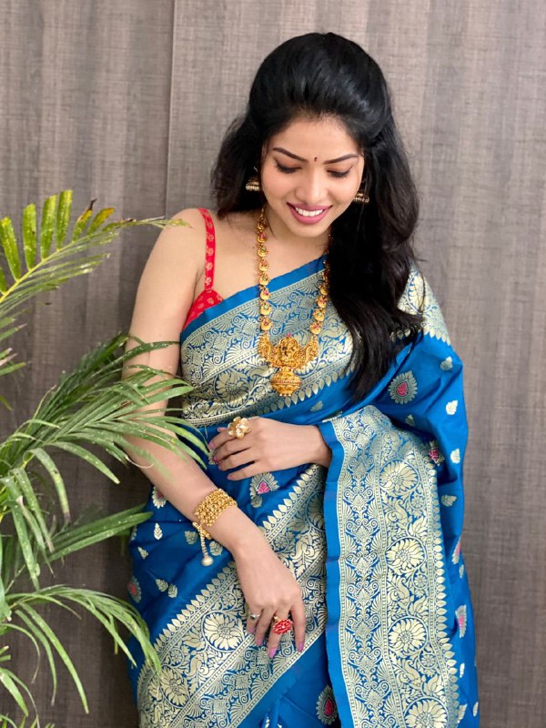 blue soft silk saree with zari weaving work