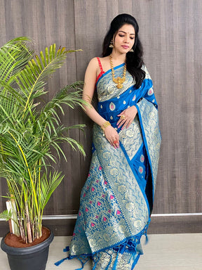 Blue Color Soft Silk jacquard Saree with Zari Weaving Work - Vootbuy