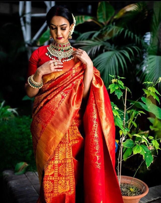 Red Color Peacock Design Soft Silk Saree for Traditional Wear - Vootbuy